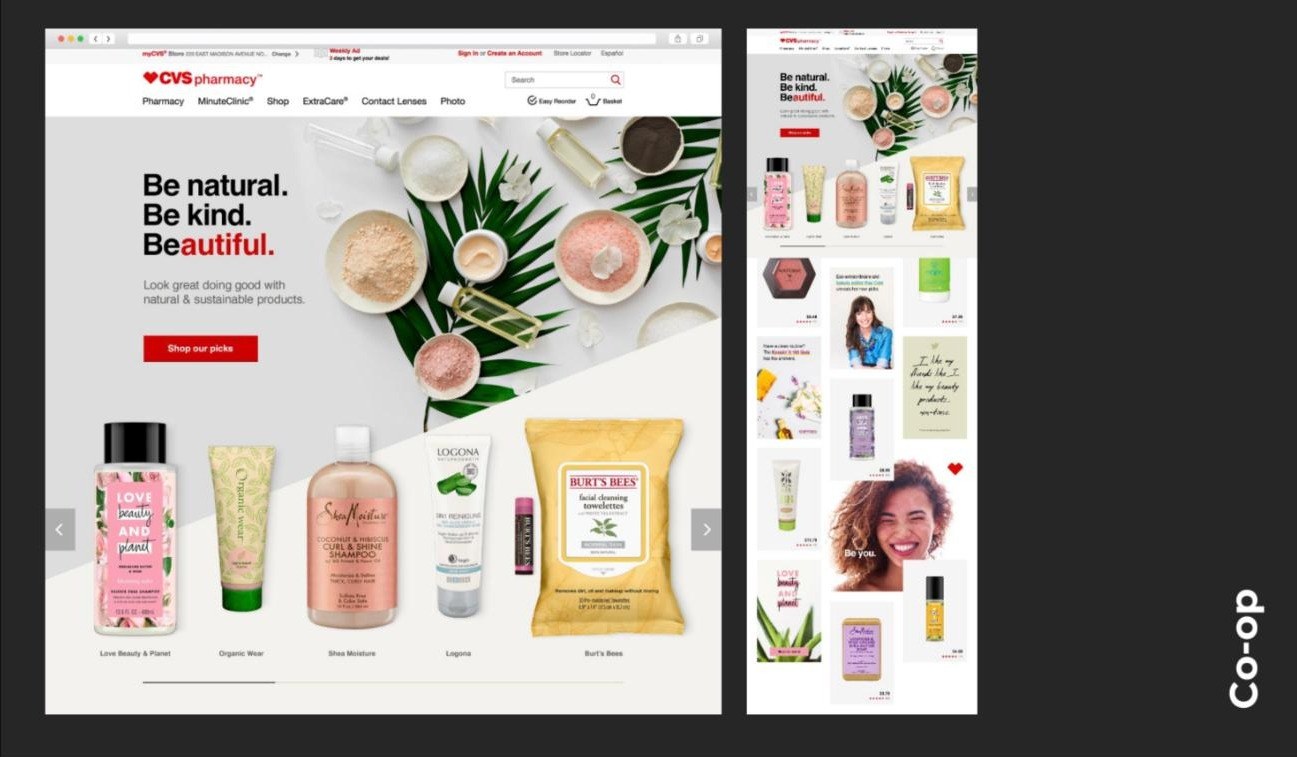 CVS.com natural beauty co-op landing page headlined Be natural. Be kind. Beautiful. featuring Love Beauty and Planet, Shea Moisture, Burt’s Bees and more