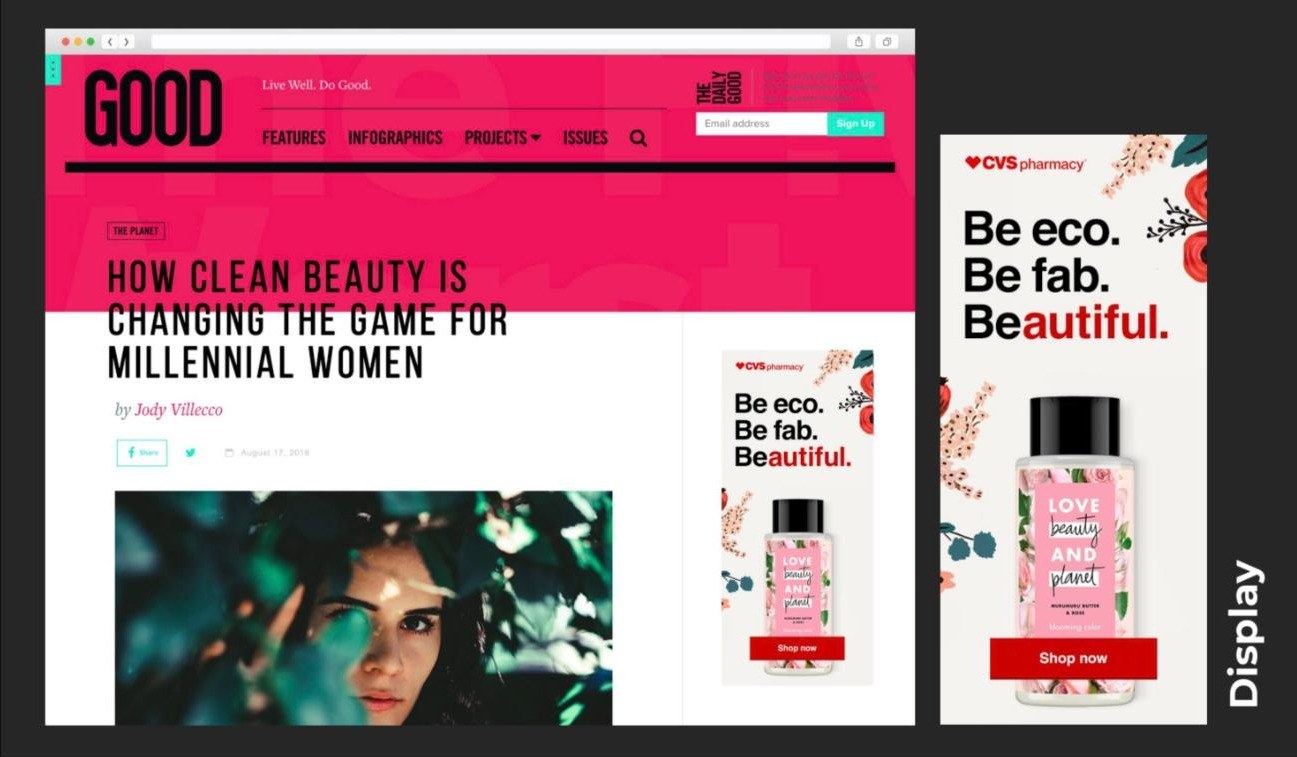 Love Beauty and Planet display ads running on GOOD.is next to an article about clean beauty, plus a CVS skyscraper ad