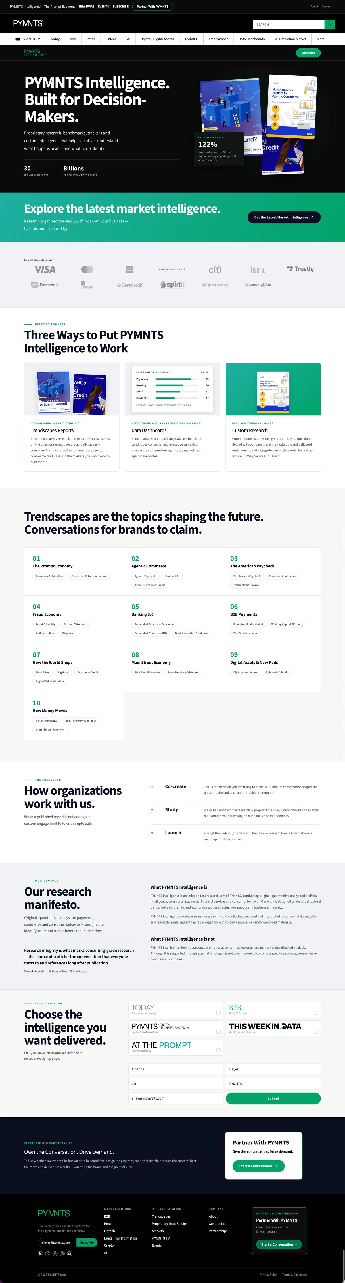 After, full page: Redesigned PYMNTS Intelligence page with dark hero headlined Built for Decision-Makers