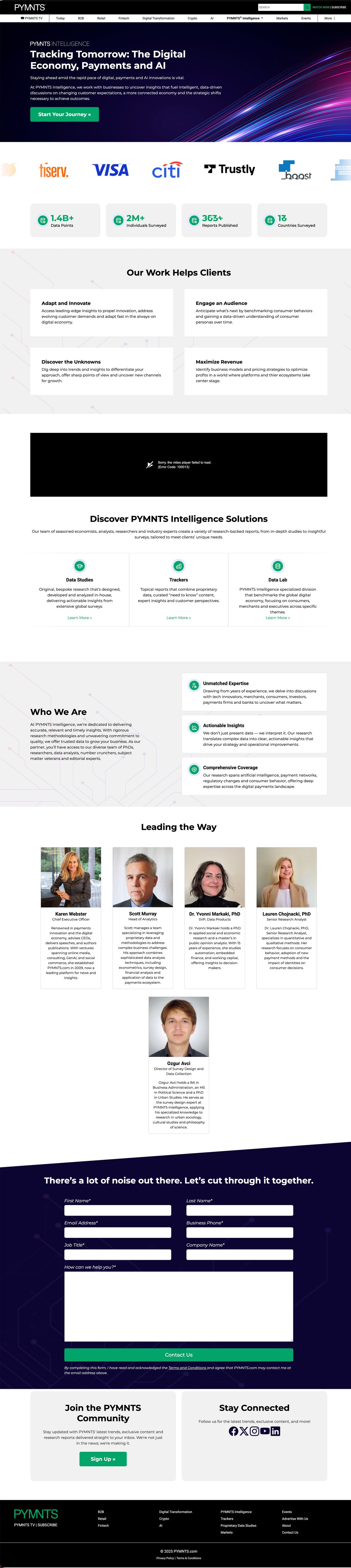 Before, full page: Original PYMNTS Intelligence page headlined Tracking Tomorrow with stacked text blocks